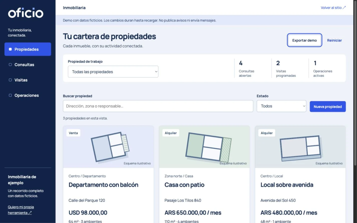 Cartera ficticia de propiedades de la demo inmobiliaria.